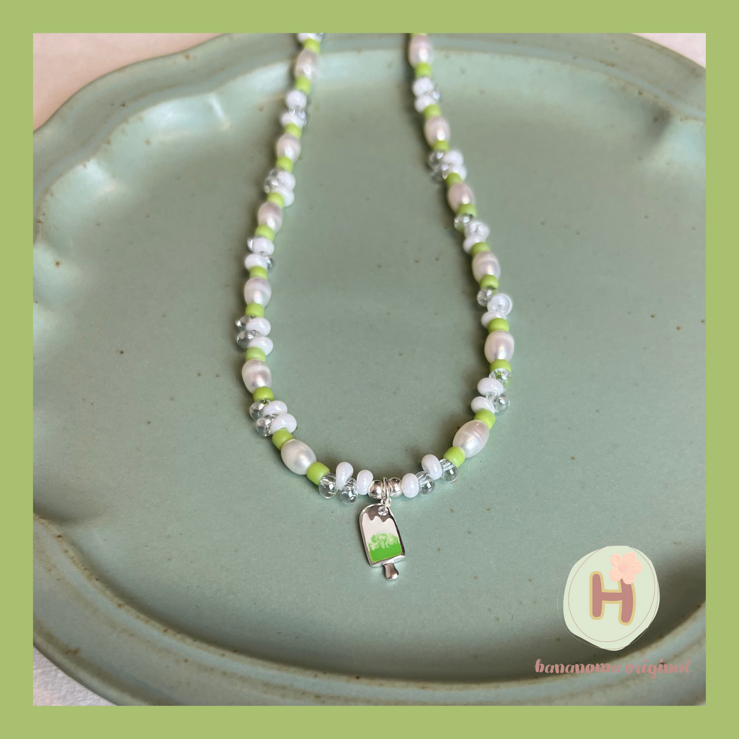 Colorful ice pop natural pearl Necklace (Green)