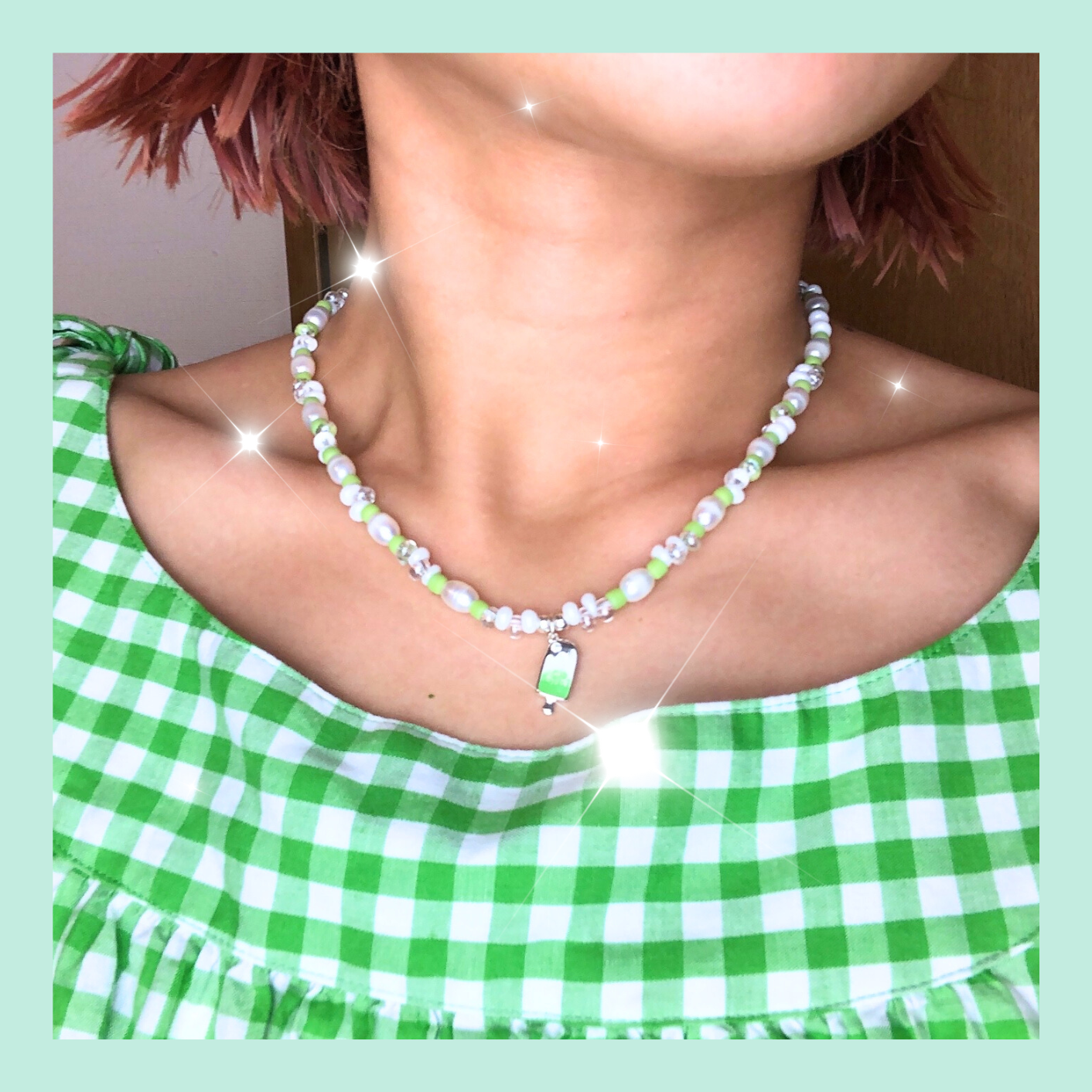 Colorful ice pop natural pearl Necklace (Green)