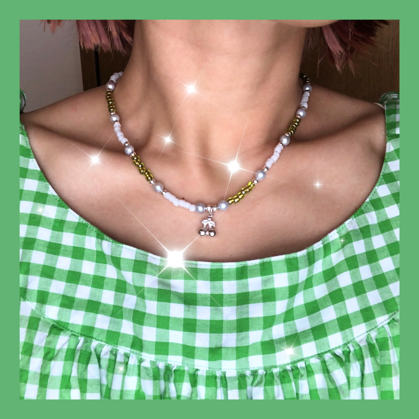 Silver cherry Pop rocks Natural pearl Necklace (Green)